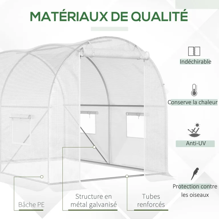 Outsunny Gartengewächshaus Tunnel 6 m² 3L x 2l x 1,9H m Verzinkter Stahl verstärkt Durchmesser 2,4 cm + PE High Density Fenster Tür Weiß – Bild 3
