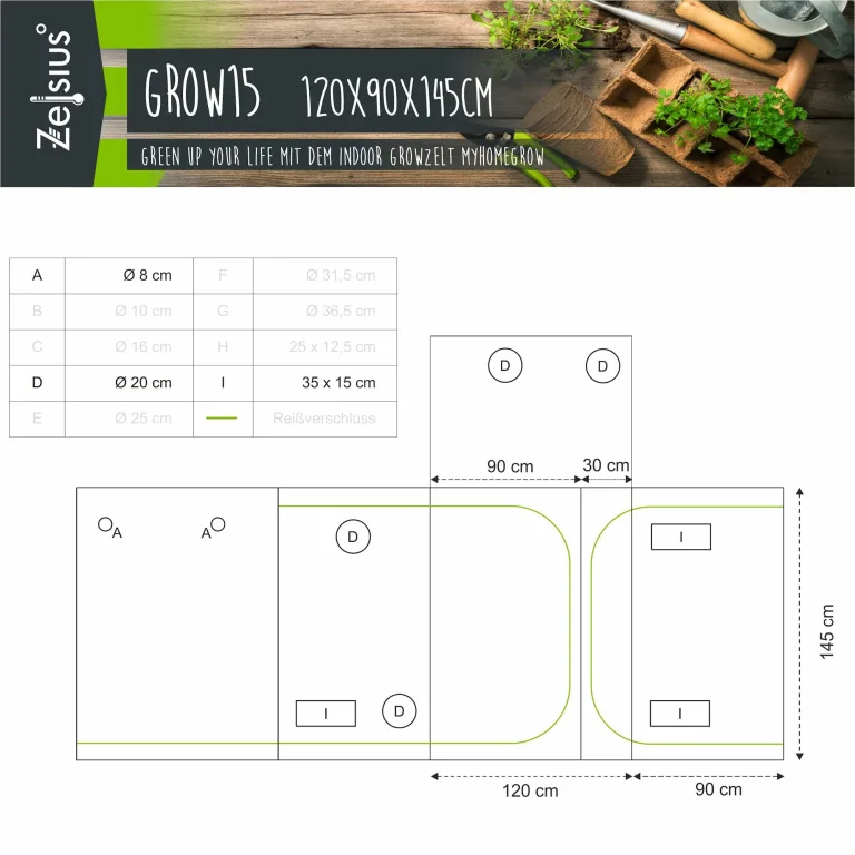 Zelsius Growzelt MyHomeGrow 2-in-1 Grow Tent | Indoor Growroom | schwarz grün | Growroom Growschrank Darkroom Pflanzenzelt Gewächshaus Zuchtzelt (120 x 90 x 145 cm) – Bild 2