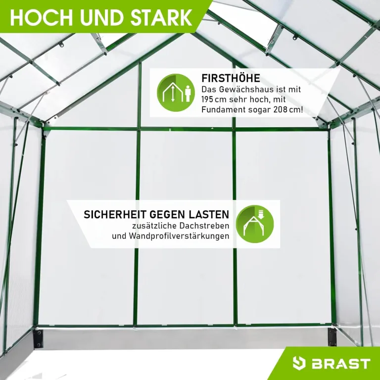 BRAST Gewächshaus Aluminium mit Fundament | 42 Modelle | 130x190x195cm - 490x250x235cm | TÜV geprüft | 6mm Hohlkammerplatten | rostfrei wetterfest temperaturbeständig | 190x190x195cm Grün – Bild 7