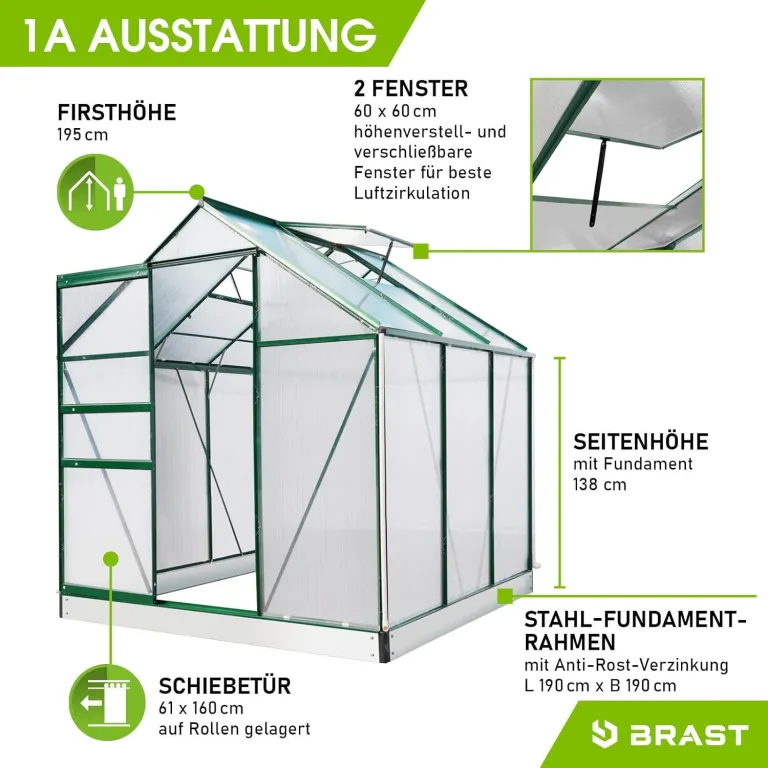 BRAST Gewächshaus Aluminium mit Fundament | 42 Modelle | 130x190x195cm - 490x250x235cm | TÜV geprüft | 6mm Hohlkammerplatten | rostfrei wetterfest temperaturbeständig | 190x190x195cm Grün – Bild 8