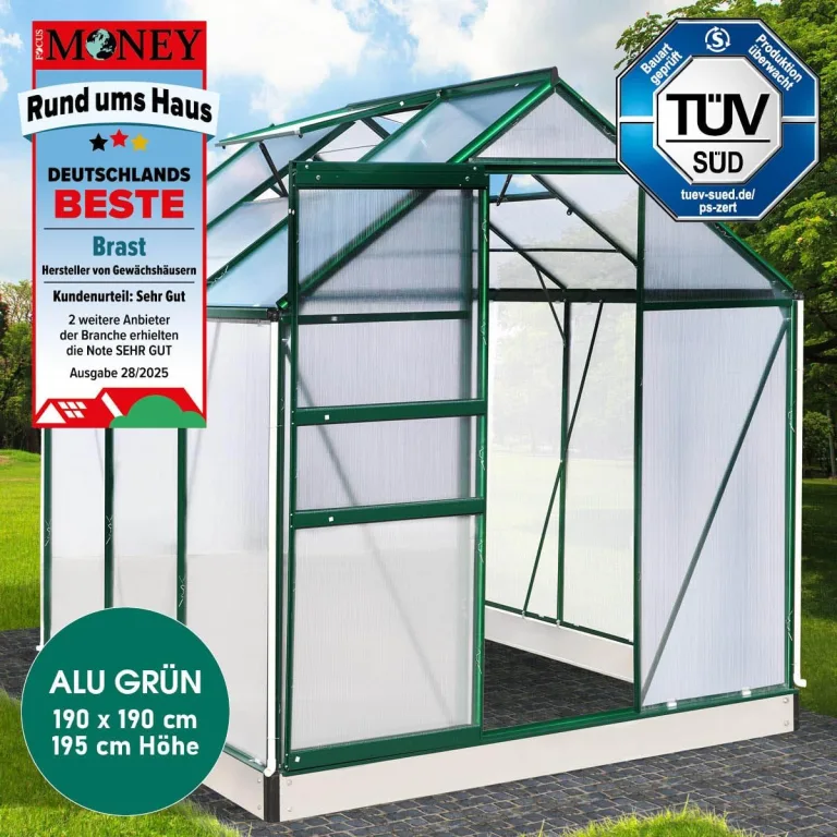 BRAST Gewächshaus Aluminium mit Fundament | 42 Modelle | 130x190x195cm - 490x250x235cm | TÜV geprüft | 6mm Hohlkammerplatten | rostfrei wetterfest temperaturbeständig | 190x190x195cm Grün – Bild 3