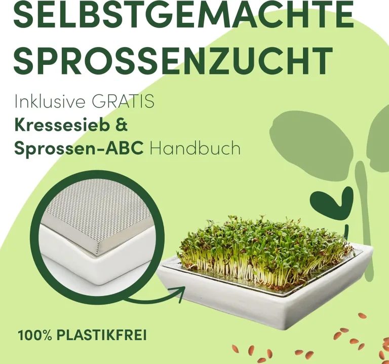 [Das Original Sprossenglas Starter-Set + KRESSESIEB | 1000ml mit hochwertigem Edelstahl-Gitterdeckel, Ständer, Keramikschale + Sprossen-ABC [Druckversion] Keimglas Anzuchtschale – Bild 2