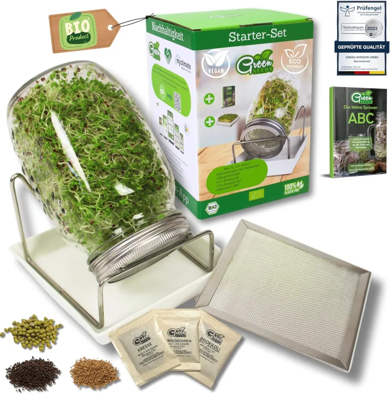 [Das Original Sprossenglas Starter-Set + KRESSESIEB | 1000ml mit hochwertigem Edelstahl-Gitterdeckel, Ständer, Keramikschale + Sprossen-ABC [Druckversion] Keimglas Anzuchtschale – Bild 1