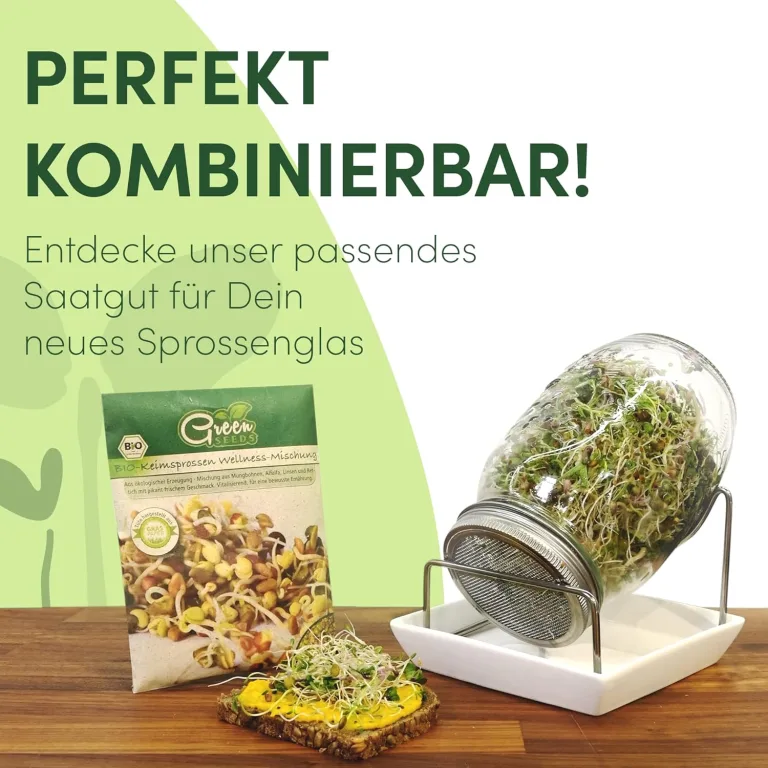 [Das Original Sprossenglas 3er Set + KRESSESIEB | 1000ml mit hochwertigem Edelstahl-Gitterdeckel, Ständer, Keramikschale + Sprossen-ABC [Druckversion] Keimglas Anzuchtschale Kresseschale – Bild 7