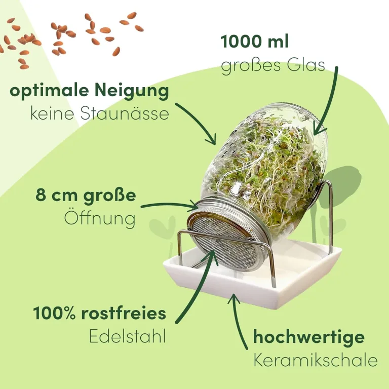 [Das Original Sprossenglas 3er Set + KRESSESIEB | 1000ml mit hochwertigem Edelstahl-Gitterdeckel, Ständer, Keramikschale + Sprossen-ABC [Druckversion] Keimglas Anzuchtschale Kresseschale – Bild 4