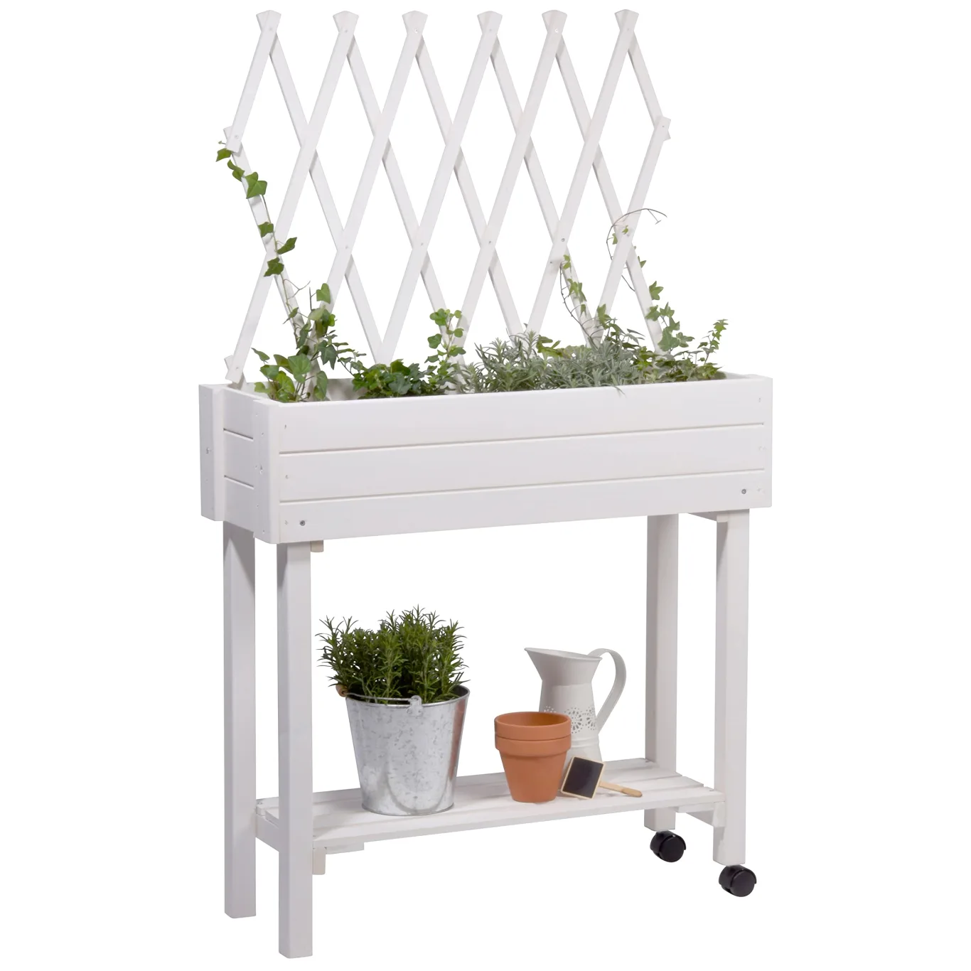 dobar® 58186e rollbares Hochbeet mit Rankgitter | Pflanzkasten auf Rollen | Blumenbeet aus Massiv-Holz | Schmales Kräuterbeet für Garten/Terrasse/Balkon | 79 x 28,5 x 130 cm | Weiß - Bild 1