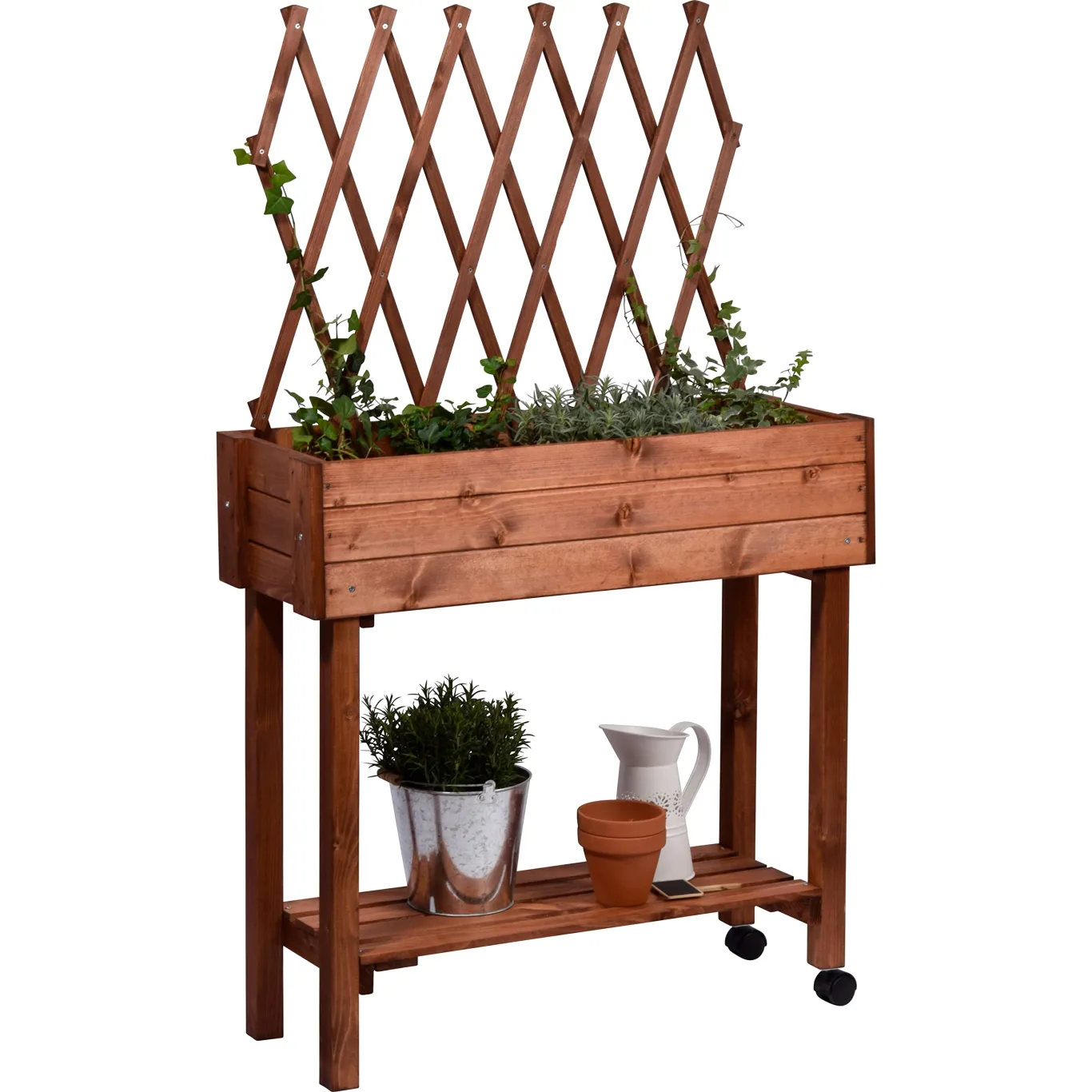 dobar® 58187e rollbares Hochbeet mit Rankgitter | Pflanzkasten auf Rollen | Blumenbeet aus Massiv-Holz | Schmales Kräuterbeet für Garten/Terrasse/Balkon | 79 x 28,5 x 130 cm | Braun - Bild 1