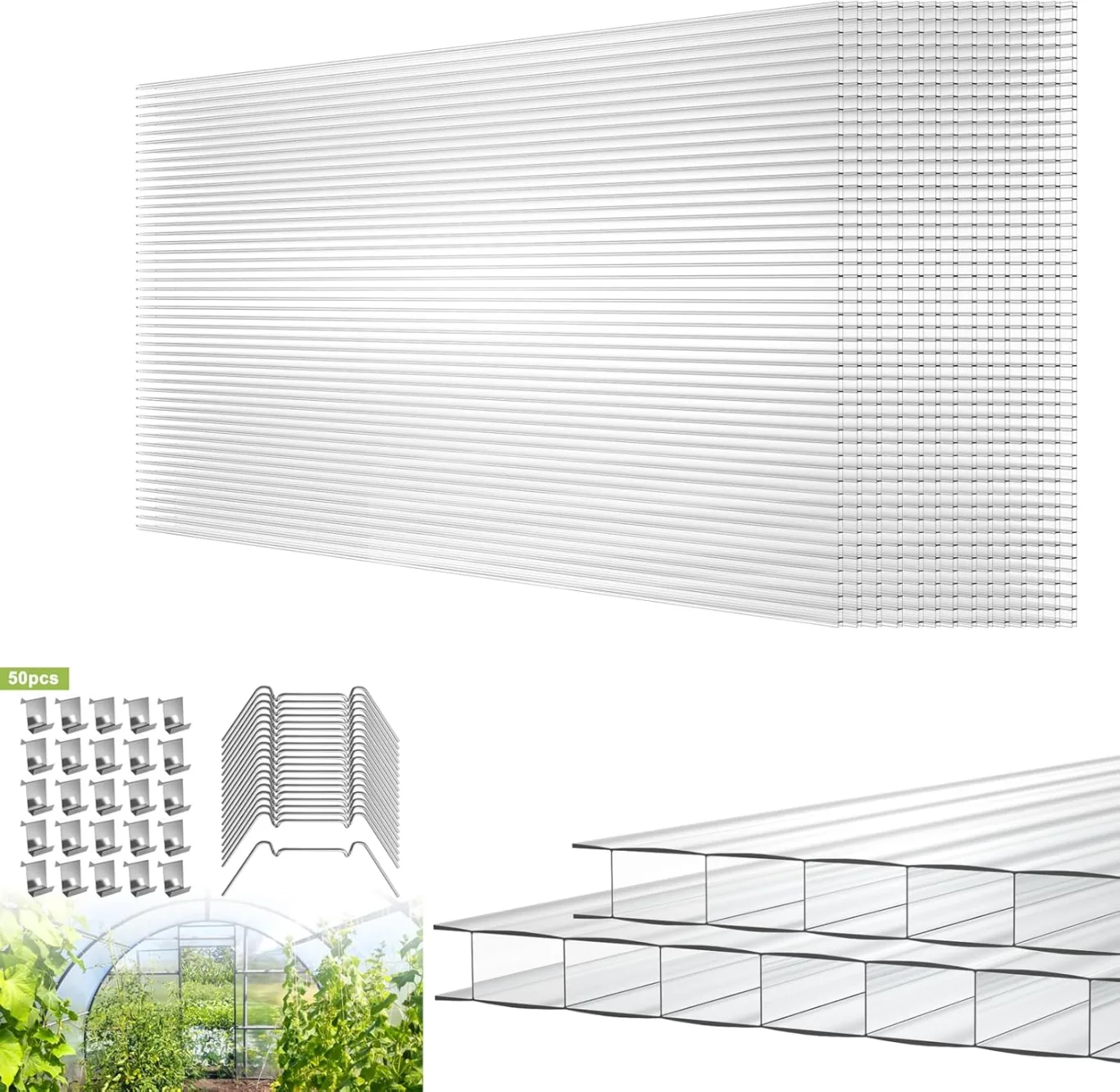 14 Pcs Polycarbonat Hohlkammerplatten Hohlkammerstegplatten Doppelstegplatten transparente Polykarbonat Platten 4 mm stark 60,5 x 121 cm Ersatzteile für Garten Treibhaus Ersatzplatten 10,25 m² - Bild 1