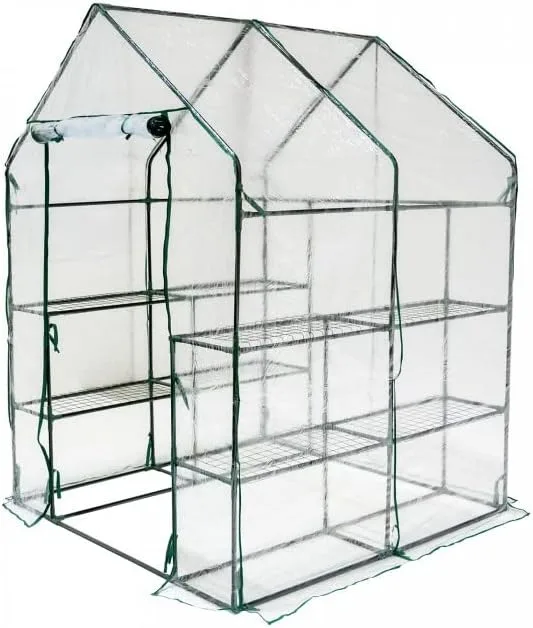 Grindi - Garten Gewächshaus Foliengewächshaus mit 8 Regalen aus Gitternetzfolie - Transparent, 143x143x195 cm - Treibhaus Tomatenhaus Schrägdach, stabil, Winterfest & Einfach zu Montieren - Dalia