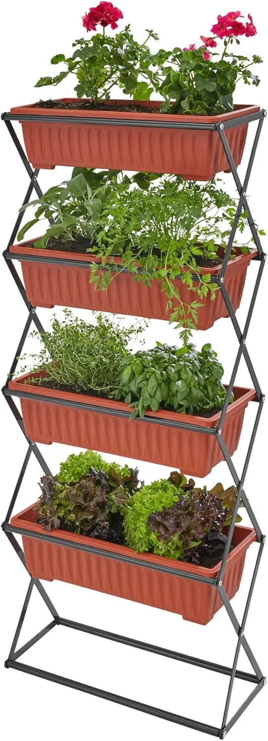 tectake® Vertical Gardening Beet mit 4X Blumenkasten, Pflanzturm Hochbeet Kunststoff, als Indoor Kräutergarten oder Outdoor im Garten, als Sichtschutz Balkon, Terrassen Deko, Blumenbank – Bild 4