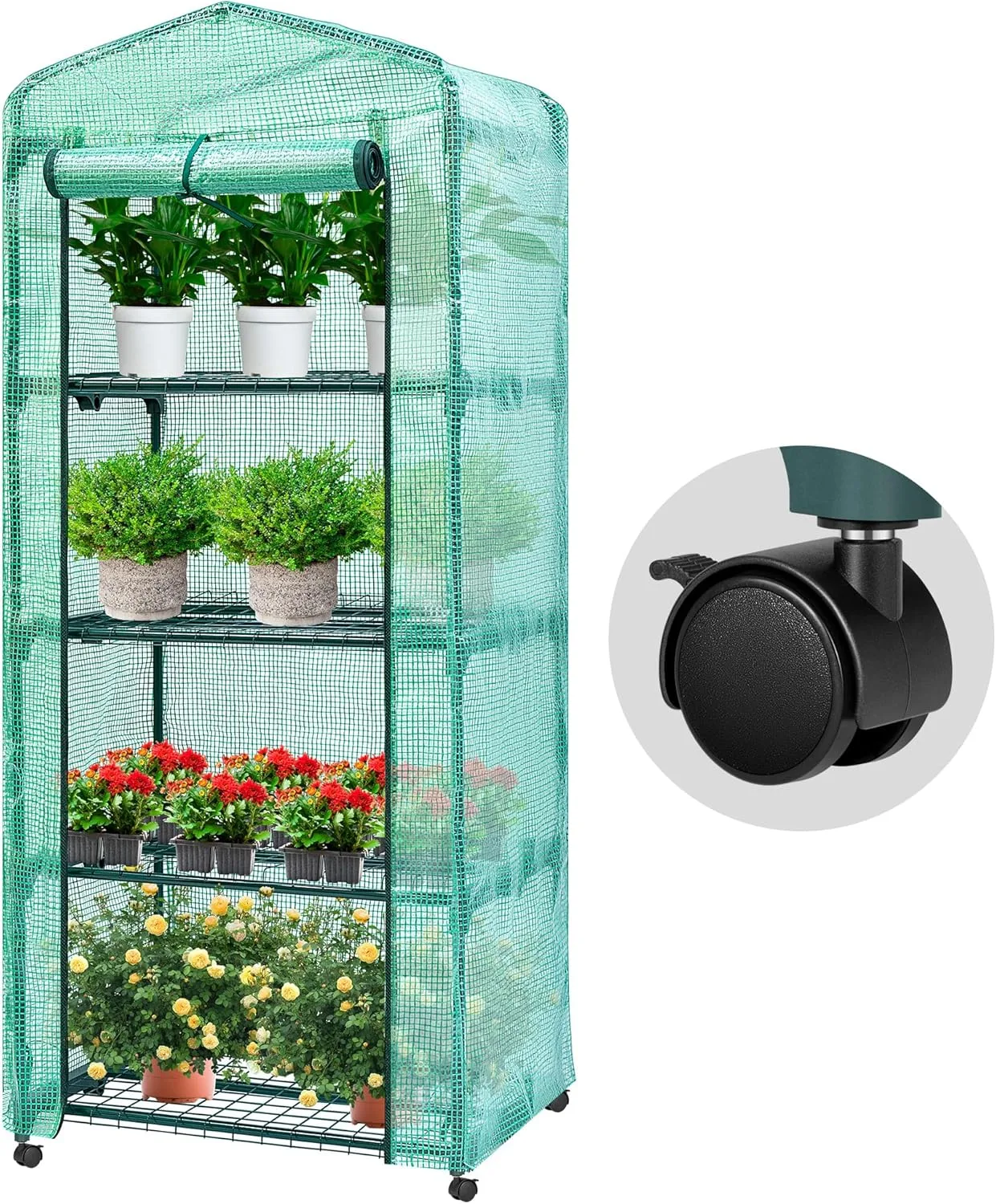 VIVOSUN Tragbares Gewächshaus 68x48x160 cm mit 4 Ebenen, Frühbeet mit Rädern, Grüne PE-Abdeckung, Pflanzenregal für Balkon, Terrasse, Kleinen Garten oder Hinterhof - Bild 1