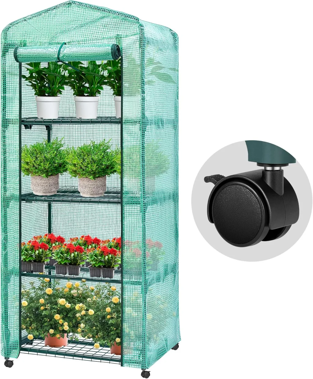 VIVOSUN Tragbares Gewächshaus 68x48x160 cm mit 4 Ebenen, Frühbeet mit Rädern, Grüne PE-Abdeckung, Pflanzenregal für Balkon, Terrasse, Kleinen Garten oder Hinterhof