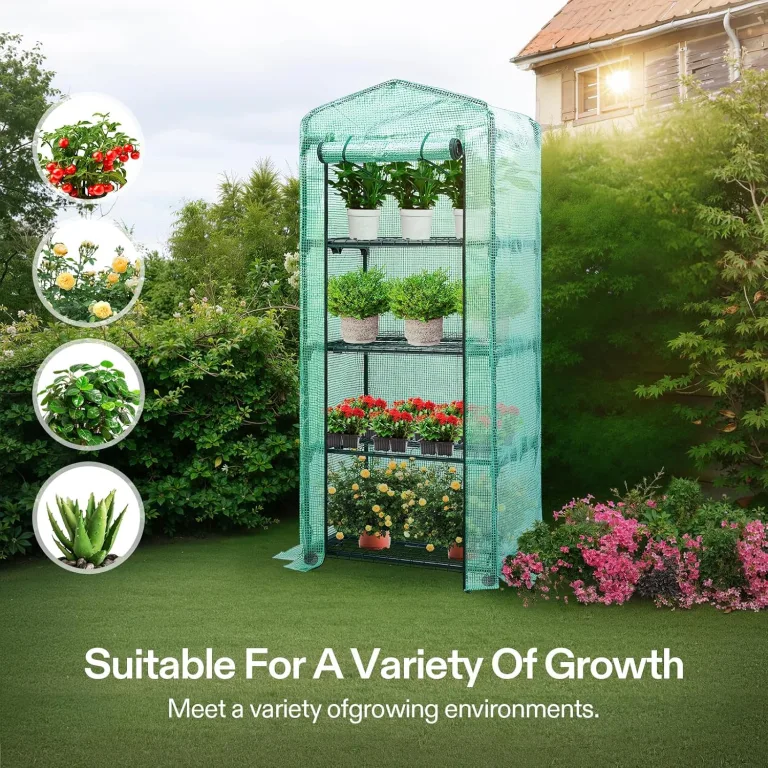 VIVOSUN Tragbares Gewächshaus 68x48x160 cm mit 4 Ebenen, Frühbeet mit Rädern, Grüne PE-Abdeckung, Pflanzenregal für Balkon, Terrasse, Kleinen Garten oder Hinterhof – Bild 6