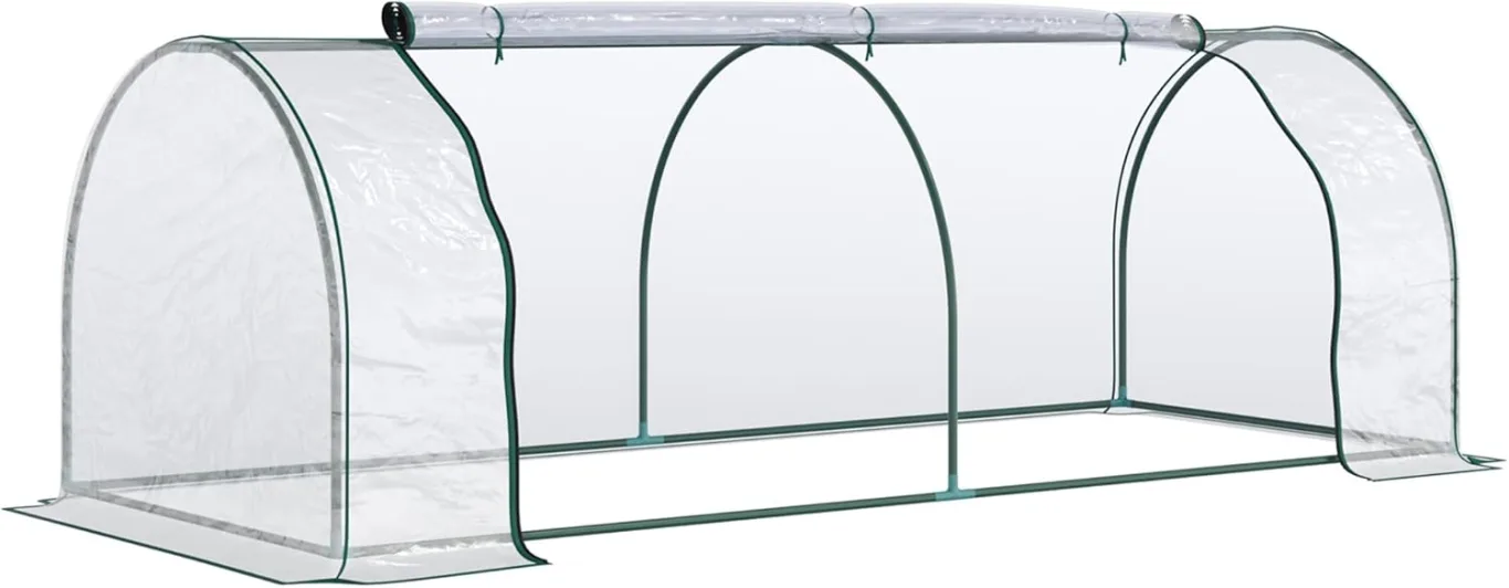 Outsunny Gewächshaus mit Rollfenster winterfest Foliengewächshaus aus Stahl wasserabweisend Treibhaus für Balkon Garten Tomatenhaus mit UV schutz 250x100x80cm Tomatengewächshaus für Gemüse Transparent - Bild 1