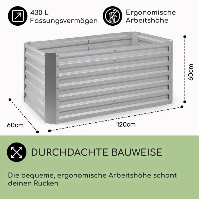 blumfeldt Hochbeet High Grow Straight Material: verzinkter Stahl. Durchmesser: 0,6 mm. Rostschutz. 4x Aluminium Schutzleisten. Maße: 120 x 60 x 60 cm. Volumen: 432 l. Farbe: Silberfarben. – Bild 5
