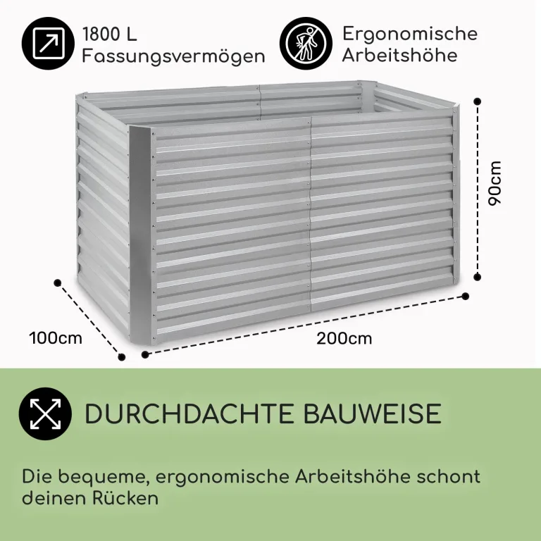 blumfeldt Hochbeet aus Metall, Wetterfestes Stahl-Hochbeet für Balkon & Garten, Rostfreies Hochbeet Verzinkt, Freistehende Hochbeete 200x90x100 cm, 1800L Pflanzkübel Groß für Blumen, Obst, Gemüse – Bild 5