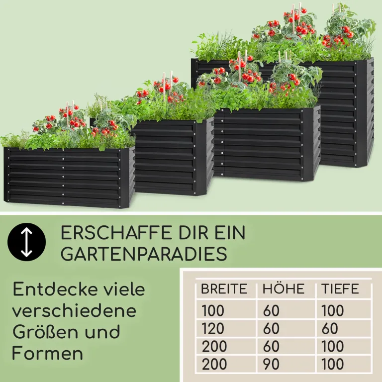 blumfeldt Hochbeet High Grow Straight Material: verzinkter Stahl. Durchmesser: 0,6 mm. Rostschutz. 4x Aluminium Schutzleisten. Maße: 200 x 60 x 100 cm. Volumen: 1200 l. Anthrazit. – Bild 7