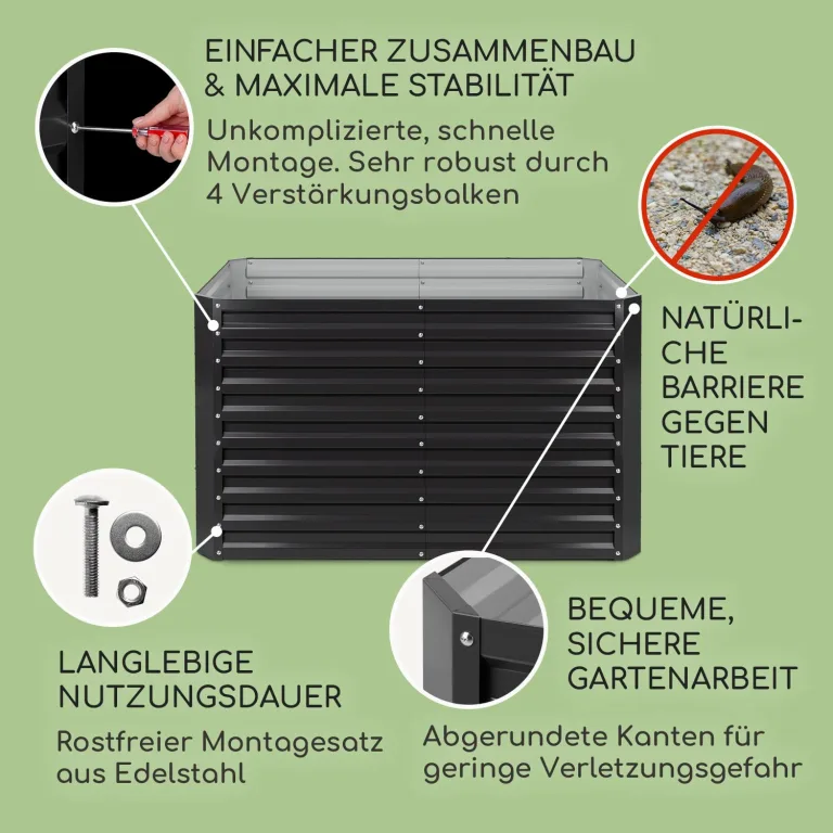 blumfeldt Hochbeet High Grow Straight Material: verzinkter Stahl. Durchmesser: 0,6 mm. Rostschutz. 4X Aluminium Schutzleisten. Maße: 200 x 90 x 100 cm. Volumen: 1800 l. Anthrazit. – Bild 3