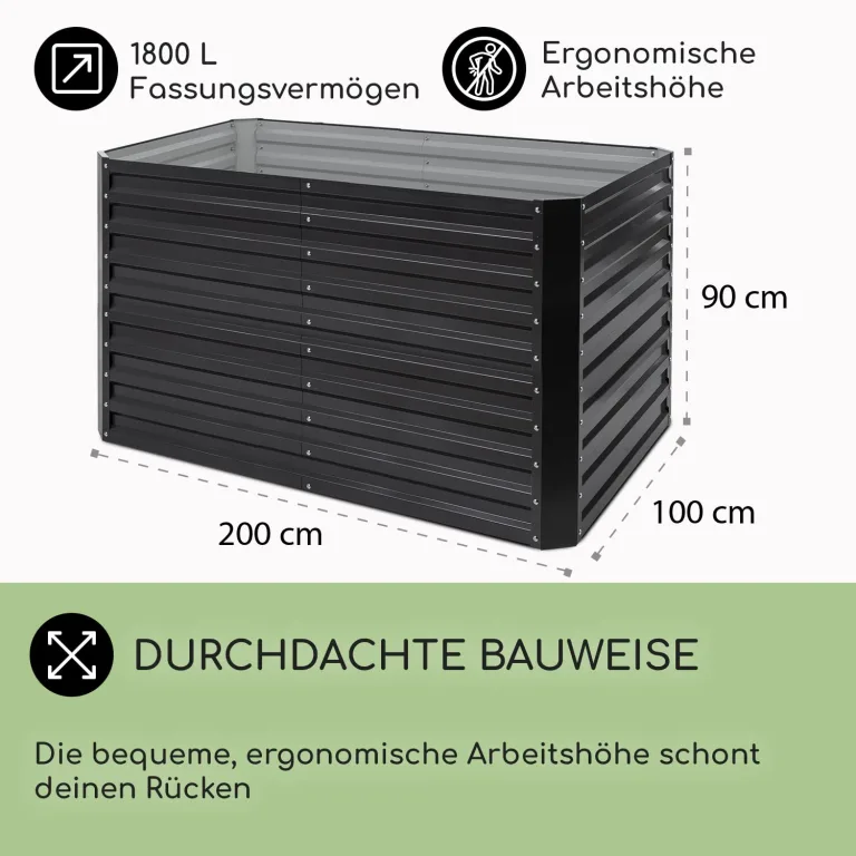 blumfeldt Hochbeet High Grow Straight Material: verzinkter Stahl. Durchmesser: 0,6 mm. Rostschutz. 4X Aluminium Schutzleisten. Maße: 200 x 90 x 100 cm. Volumen: 1800 l. Anthrazit. – Bild 5