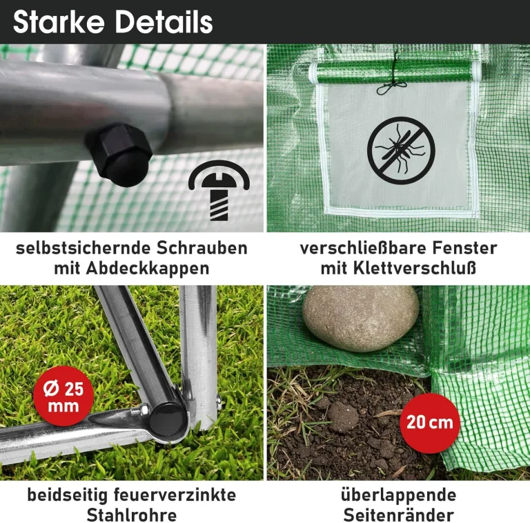 BRAST Gewächshaus Foliengewächshaus mit Stahlfundament | 2x3m - 3x8m | inkl. Erdanker Unkrautvlies & aufrollbare Seitenwände mit Moskitonetz | UV-stabilisierte Gitterschutzfolie 200g/m² | 300x400cm – Bild 8