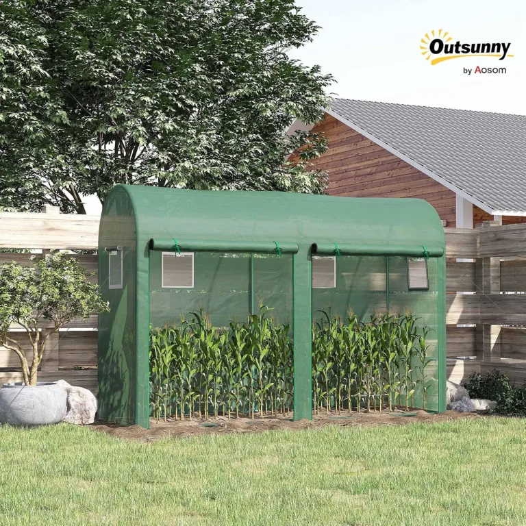 Outsunny Gewächshaus mit Fernster, Tür, Foliengewächshaus aus Stahl, Treibhaus mit PE-Gitterfolie für Balkon, Garten, Tomatenhaus 300x100x200cm, Tomatengewächshaus für Gemüse, Blumen, Pflanzen, Grün – Bild 2