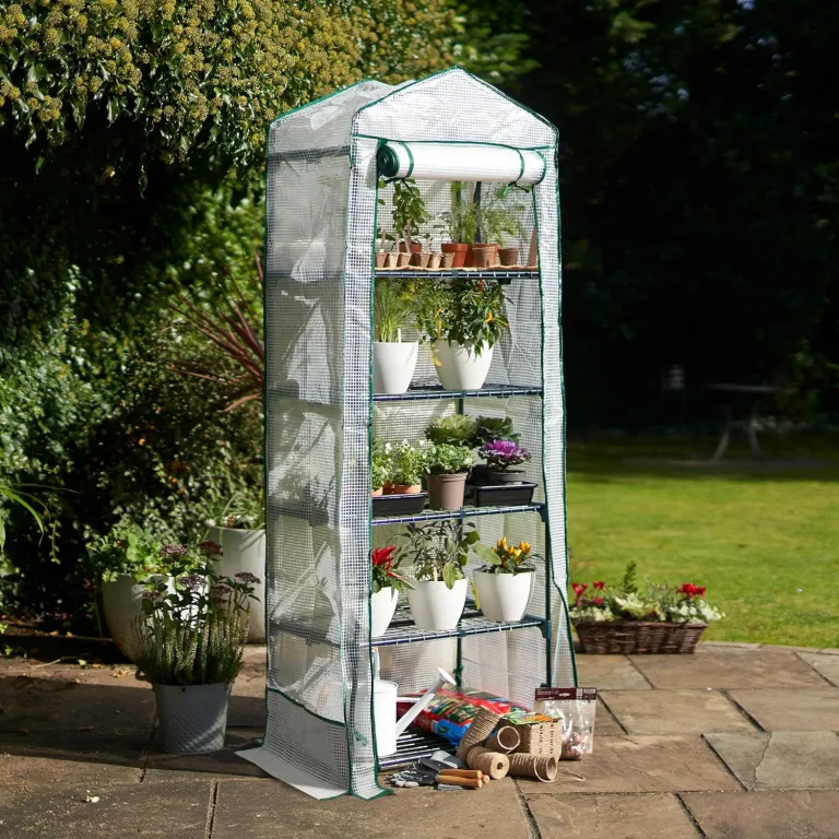 Bramble - Premium Garten Foliengewächshaus für Balkon & Terrasse mit 5 Regalen, Stahlrahmen & Verstärkter PVC-Abdeckung - Stabil & Einfach zu Montieren - 193x69x49cm Weiß – Bild 2