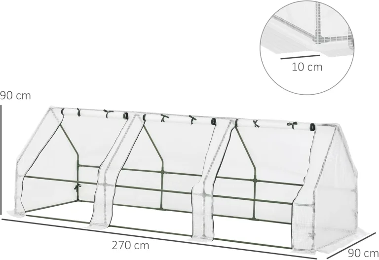 Outsunny Gewächshaus mit 3 Rollfenster, PE-Gitterfolie, Foliengewächshaus aus Stahl, Treibhaus für Balkon, Garten, Tomatenhaus 270x90x90cm, Tomatengewächshaus für Gemüse, Blumen, Pflanzen, Weiß – Bild 8