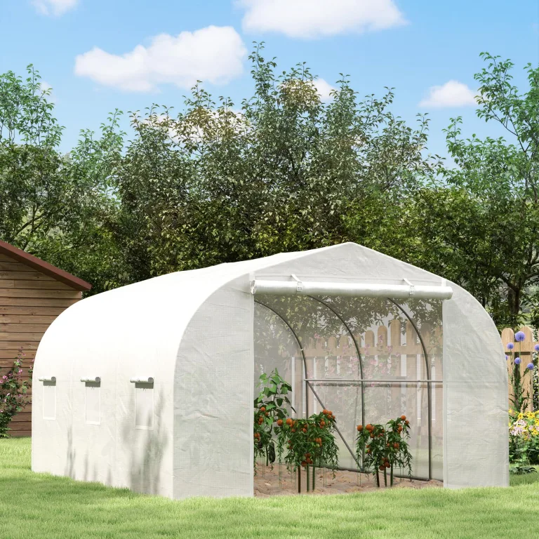Outsunny Gewächshaus Gartentunnel Abm. 3,5L x 3l x 2H m Tür + 6 aufrollbare Fenster Verzinkter Stahl PE-Plane Hohe Dichte Weiß – Bild 2