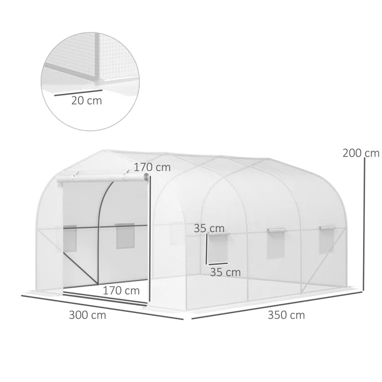 Outsunny Gewächshaus Gartentunnel Abm. 3,5L x 3l x 2H m Tür + 6 aufrollbare Fenster Verzinkter Stahl PE-Plane Hohe Dichte Weiß – Bild 5