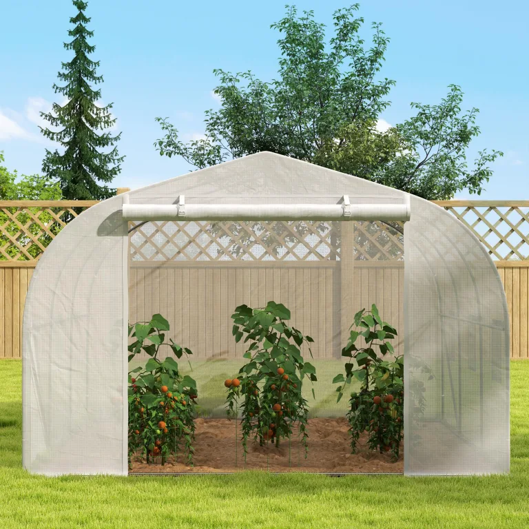 Outsunny Gewächshaus Gartentunnel Abm. 3,5L x 3l x 2H m Tür + 6 aufrollbare Fenster Verzinkter Stahl PE-Plane Hohe Dichte Weiß – Bild 7