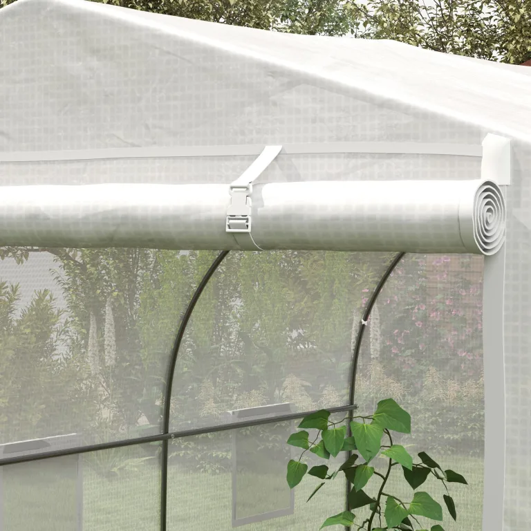 Outsunny Gewächshaus Gartentunnel Abm. 3,5L x 3l x 2H m Tür + 6 aufrollbare Fenster Verzinkter Stahl PE-Plane Hohe Dichte Weiß – Bild 8