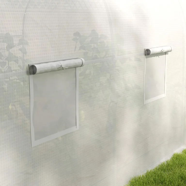 Outsunny Gewächshaus Gartentunnel Abm. 3,5L x 3l x 2H m Tür + 6 aufrollbare Fenster Verzinkter Stahl PE-Plane Hohe Dichte Weiß – Bild 9