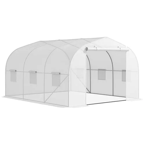 Outsunny Gewächshaus Gartentunnel Abm. 3,5L x 3l x 2H m Tür + 6 aufrollbare Fenster Verzinkter Stahl PE-Plane Hohe Dichte Weiß – Bild 10