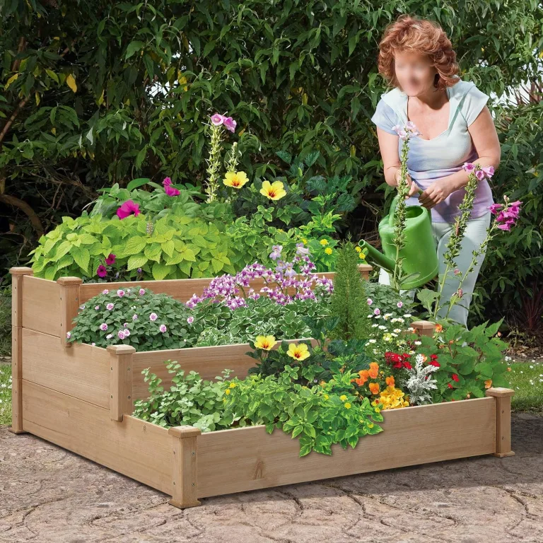 Yaheetech stapelbares Hochbeet 3 Etagen Blumentreppe Stufenbeet Garten Beete Pflanzenbeet Holz Frühbeet für Gemüse, Kräuter, Blumen, 3-stufig, Hellbraun – Bild 3