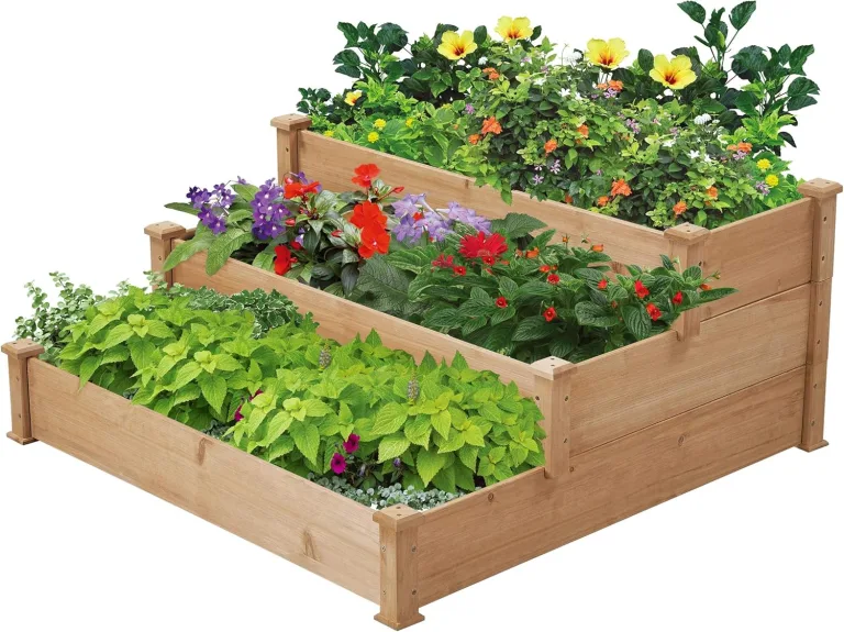 Yaheetech 3 stufiges Hochbeet Holz Balkon Garten Kräuterbeet Frühbeet Gartenbeet Pflanzenbeet Stufenbeet Blumentreppe stapelbar, 120 x 120 x 56 cm – Bild 1