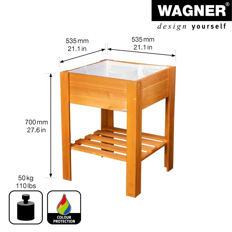 WAGNER GrowFAMILY - Hochbeet - GrowBOX Light - Nadelholz, Massivholz FSC®, Kastanie, 53,5 x 53,5 x 70 cm, Regalboden, inkl. Pflanztasche - 25038001 – Bild 2