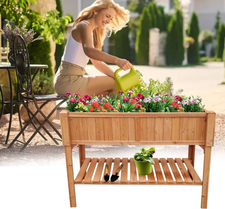 Hochbeet Holz 120 x 60 x 90 cm mit Ablageboden Pflanztrog Hochbeete-Kit Frühbeet Anzuchtbeet Kräuterbeet- Bausatz für Gemüse, Kräuter in Garten, Terrasse, Balkon und Sichtschutz – Bild 8