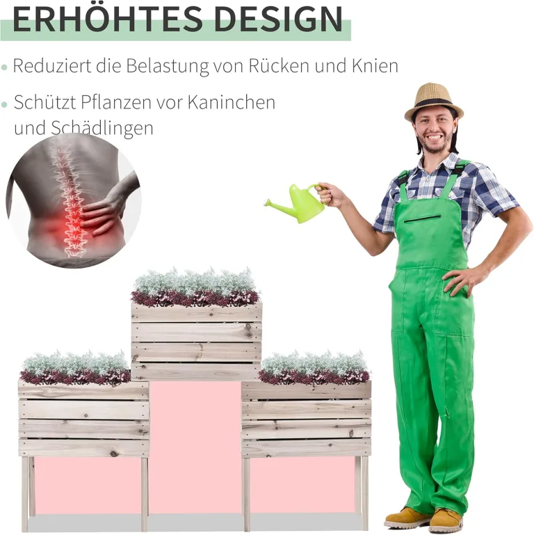 Outsunny 4 TLG. Hochbeet Pflanzkübel Pflanzkasten aus Holz 4 Kombinationsmodi im Garten und Balkon 50 x 30 x 60 cm Natur – Bild 5