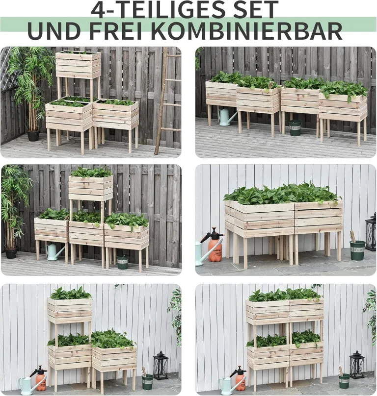 Outsunny 4 TLG. Hochbeet Pflanzkübel Pflanzkasten aus Holz 4 Kombinationsmodi im Garten und Balkon 50 x 30 x 60 cm Natur – Bild 3