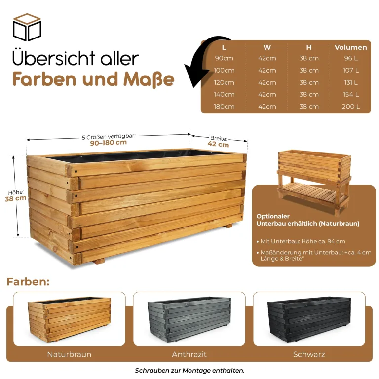 BooGardi Hochbeete-KIT für Pflanzkübel Holz mit Vlies · Unterbau für Hochbeet in 5 Größen · 90 cm lang naturbraun · Untergestell Hochbeete für Garten, Balkon & Terrasse · groß außen rechteckig XXL – Bild 2