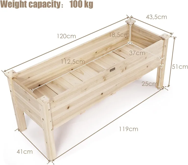 GIANTEX Hochbeet Holz Tannenholz, Kräuterbeet Blumenbeet 120 x 43,5 x 51 cm, Kräuter Frühbeet rechteckig groß, Pflanzkasten mit Ablauflöchern, Hochbeet Kinder, für Balkon/Garten/Terrasse – Bild 6