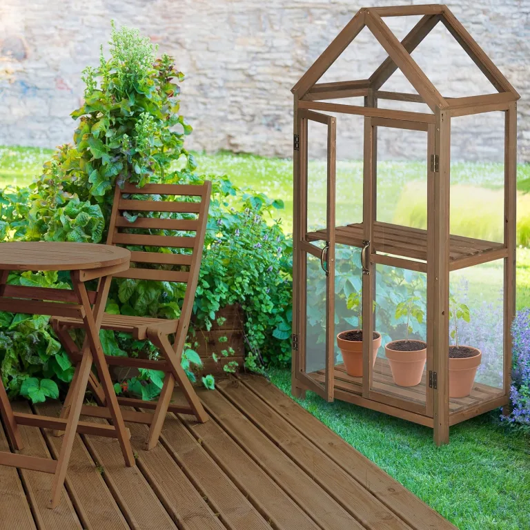 Relaxdays Gewächshaus Balkon, Holz & Kunststoff, HBT 146x66x47,5 cm, Doppeltür, Gewächsschrank Anzucht, Treibhaus, braun – Bild 2