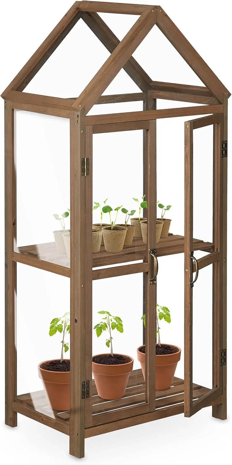 Relaxdays Gewächshaus Balkon, Holz & Kunststoff, HBT 146x66x47,5 cm, Doppeltür, Gewächsschrank Anzucht, Treibhaus, braun – Bild 1