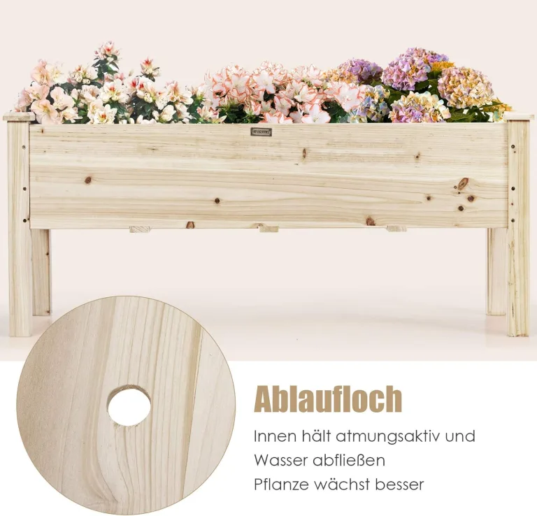 COSTWAY Hochbeet aus Holz, Pflanzbeet für Kinder, 120x43,5x51cm, Pflanztrog belastbar bis 100 kg, Blumenkübel mit Ablauflöchern, Kräuterbeet rechteckig, Anzuchtbeet Garten Terrasse Balkon – Bild 3