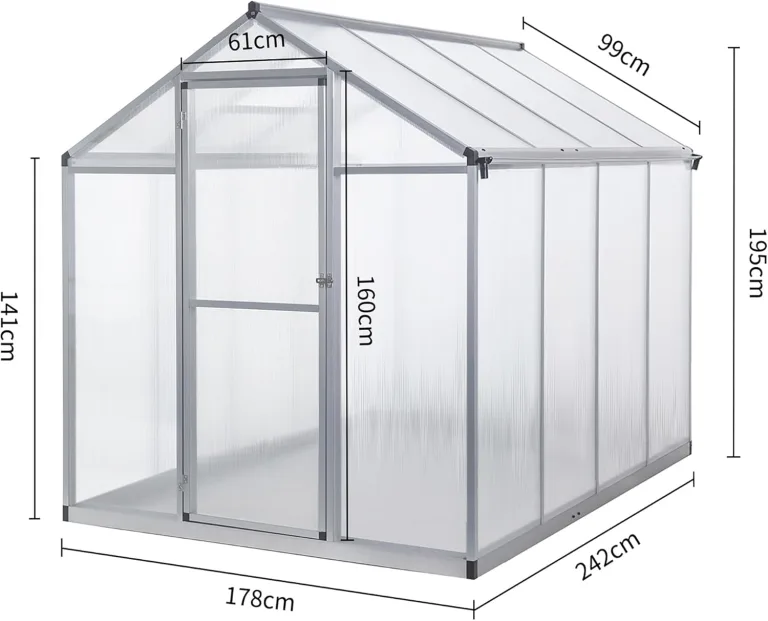 Gewächshaus Aluminium für den Garten |Mit 8 cm dickeres Fundament| 242*190*195 cm | Vielseitig nutzbar als Treibhaus Gartenhaus winterfest Aufzucht Tomatenhaus Frühbeet und Pflanzenhaus silber – Bild 2