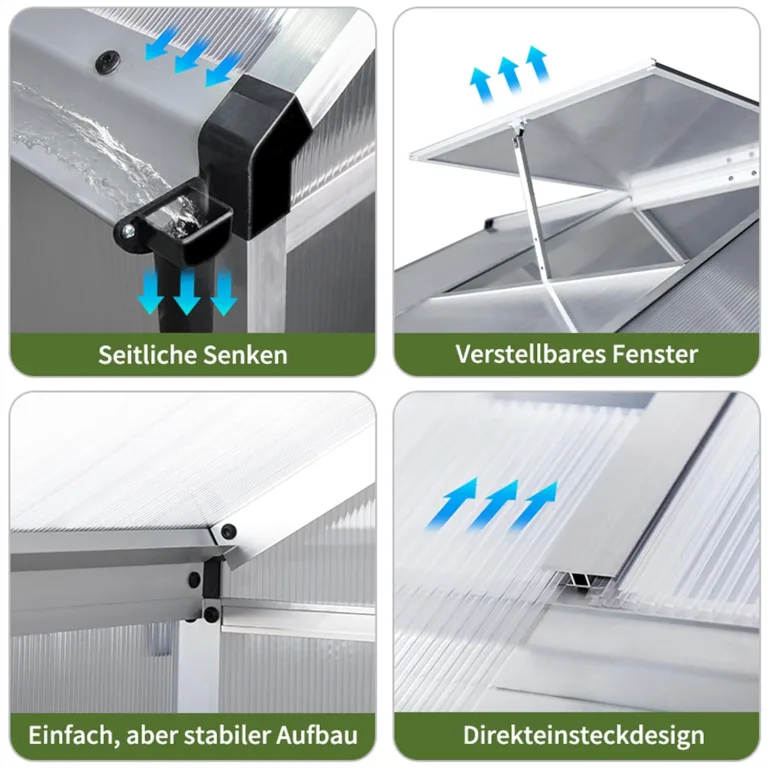 Gewächshaus Aluminium für den Garten |Mit 8 cm dickeres Fundament| 242*190*195 cm | Vielseitig nutzbar als Treibhaus Gartenhaus winterfest Aufzucht Tomatenhaus Frühbeet und Pflanzenhaus silber – Bild 3