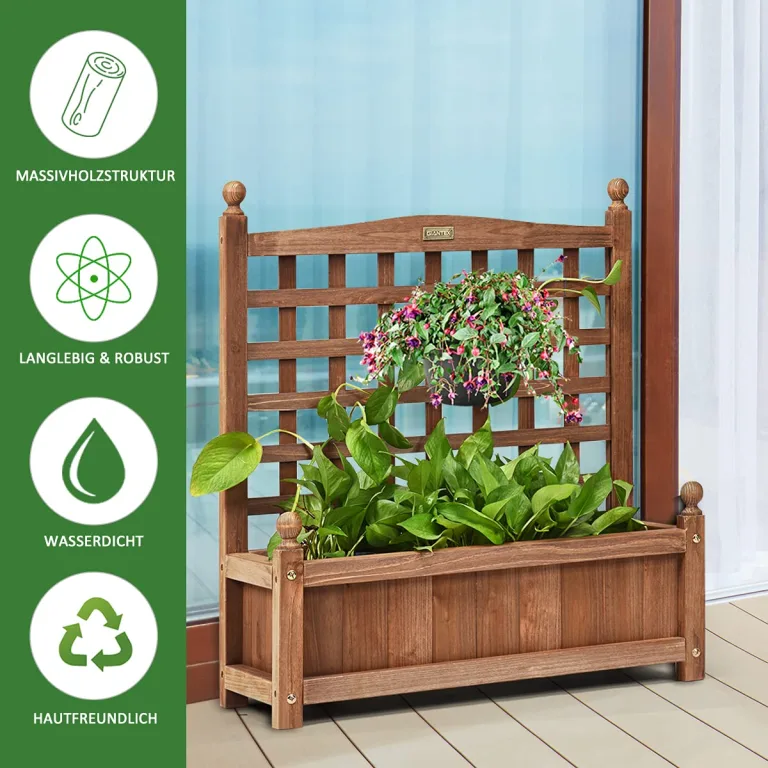 COSTWAY Blumenkasten mit Rankgitter, Pflanzkasten Holz, Hochbeet mit Spalier, Blumenkübel Rankhilfe, Gartenspalier Rankkasten für Kletterpflanze, Garten Terrasse Hinterhof, 64,5 x 28 x 75 cm, Braun – Bild 2