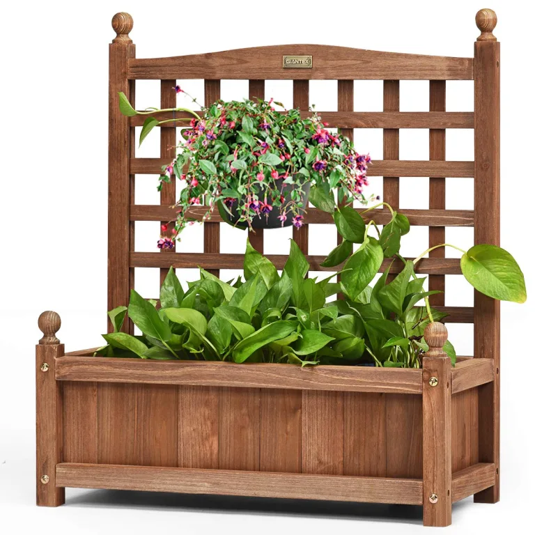 COSTWAY Blumenkasten mit Rankgitter, Pflanzkasten Holz, Hochbeet mit Spalier, Blumenkübel Rankhilfe, Gartenspalier Rankkasten für Kletterpflanze, Garten Terrasse Hinterhof, 64,5 x 28 x 75 cm, Braun – Bild 1