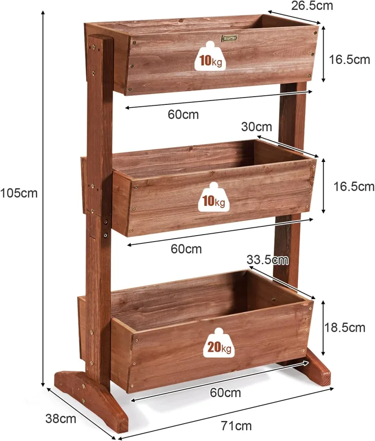 COSTWAY vertikales Hochbeet mit 3 Etagen, Blumenbeet mit 3 verstellbaren Pflanzkästen & Ablauflöchern, Blumentreppe Gartenbeet Tannenholz, Blumenkasten für Terrasse Balkon Garten, Braun (71x38x105cm) – Bild 7