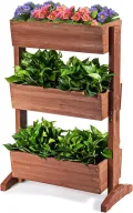 COSTWAY vertikales Hochbeet mit 3 Etagen, Blumenbeet mit 3 verstellbaren Pflanzkästen & Ablauflöchern, Blumentreppe Gartenbeet Tannenholz, Blumenkasten für Terrasse Balkon Garten, Braun (71x38x105cm) - Thumbnail 1